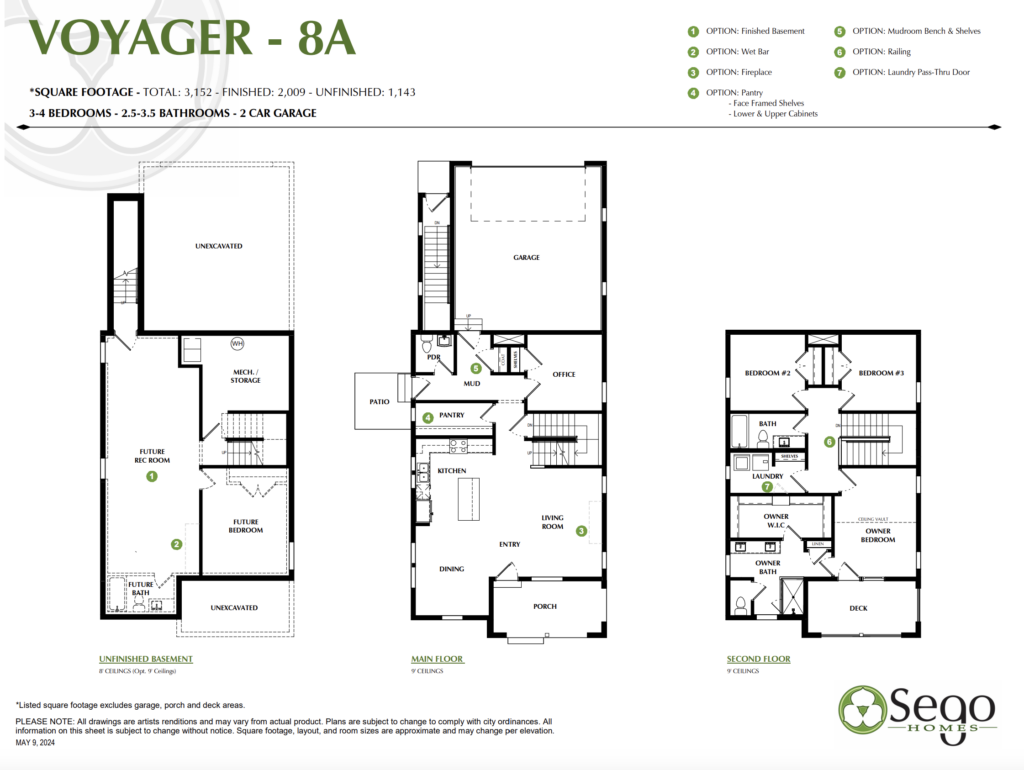 Explore the Voyager floor plan of a three-story house in Cascade Village, offering options for 3-4 bedrooms and 2.5-3.5 bathrooms, complete with a garage and basement.